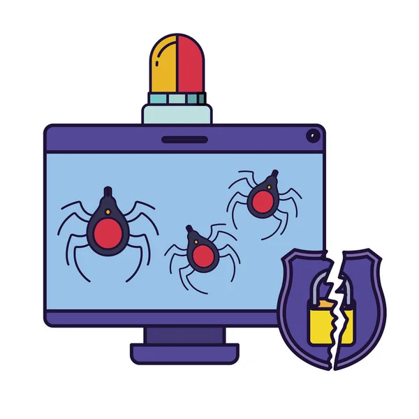 计算机屏幕与蜘蛛和警笛隔离图标 — 图库矢量图片