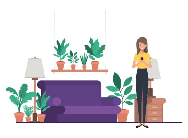 Mulher na sala de estar com personagem avatar smartphone — Vetor de Stock