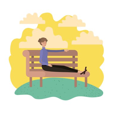 Park sandalye avatar karakteri içinde oturan kadın