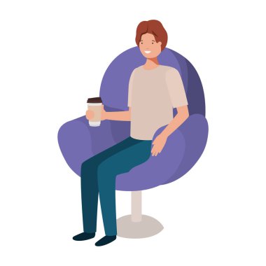 Konteyner kahve avatar karakter ile sandalyede oturan adam