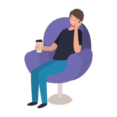 Konteyner kahve avatar karakter ile sandalyede oturan adam