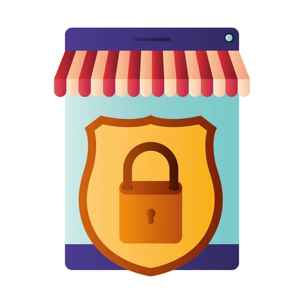 Screen tent and shield with padlock isolated icons — Stock Vector