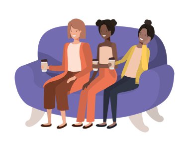 kahve kabı avatar karakter ile kanepede oturan kadın