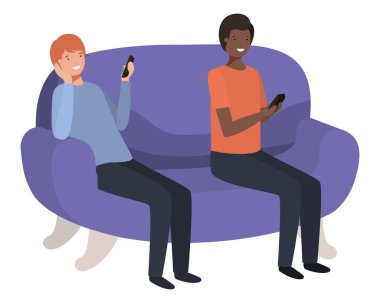 smartphone avatar karakter ile kanepede oturan genç adam