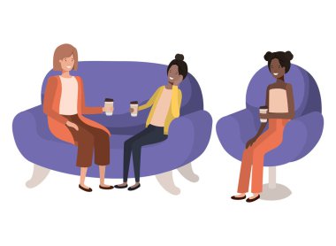 kahve kabı avatar karakter ile kanepede oturan kadın