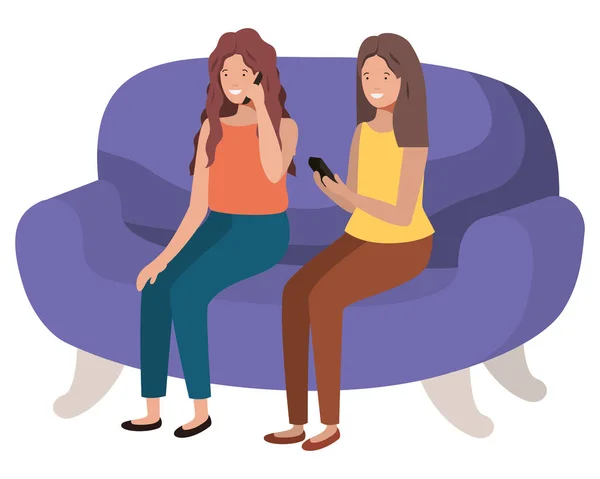 Женщины, сидящие на диване с персонажем аватара смартфона — стоковый вектор