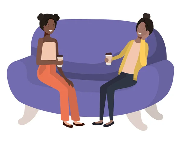 Жінки сидять на дивані з контейнером для кави аватар персонаж — стоковий вектор