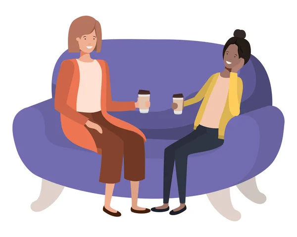 Жінки сидять на дивані з контейнером для кави аватар персонаж — стоковий вектор
