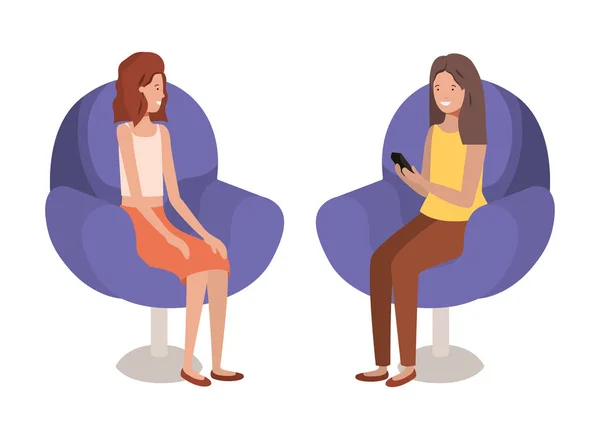 Jeunes femmes assises sur canapé avatar personnage — Image vectorielle