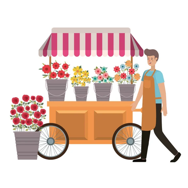 Vendedor homem de flores em caráter avatar loja quiosque —  Vetores de Stock