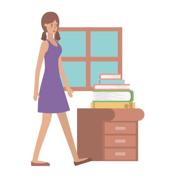 ev vektör çizim üzerinde yürüyen güzel ve genç kadın