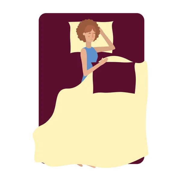 Mujer joven en la cama carácter avatar — Vector de stock