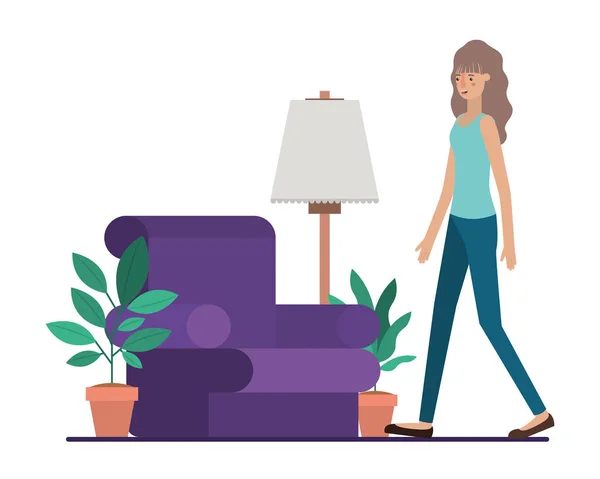 Mladá žena v obývacím pokoji avatar znaků — Stockový vektor