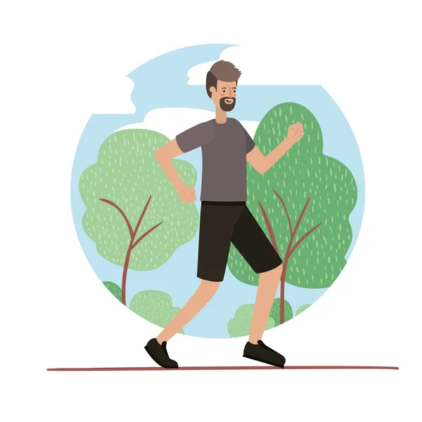 Young man with beard running on the park — Stock Vector