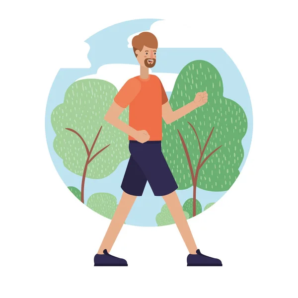 Young man with beard running on the park — Stock Vector
