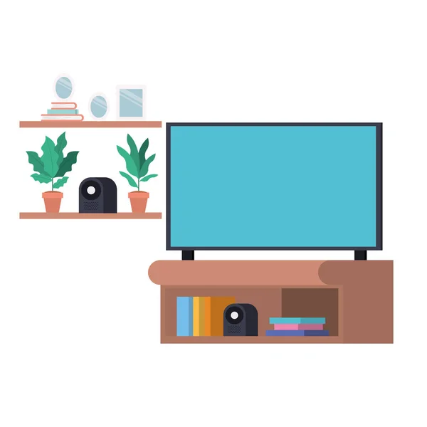 TV plasma dans étagère en bois — Image vectorielle