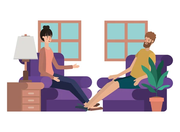 Jeune couple dans le livingroom avatar personnage — Image vectorielle