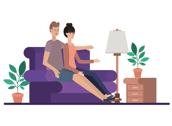 Mladý pár v obývacím pokoji avatar znaků — Stockový vektor