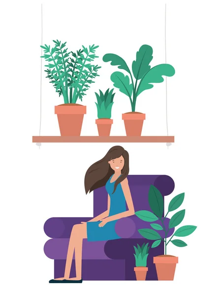 Ung kvinna sitter i soffan avatar tecken — Stock vektor