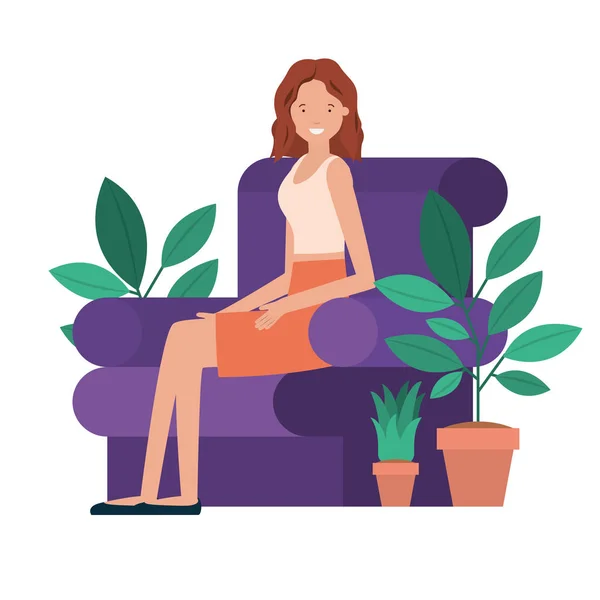 Νεαρή γυναίκα που κάθεται στον καναπέ avatar χαρακτήρων — Διανυσματικό Αρχείο