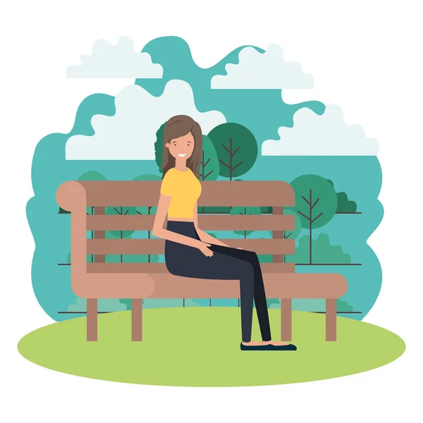 Mulher sentada na cadeira do parque com caráter avatar paisagem — Vetor de Stock