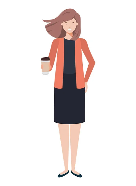 Vrouw met container plastic koffie avatar karakter — Stockvector