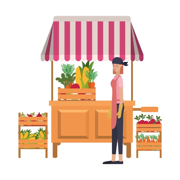 Vegetable seller woman with kiosk isolated icon — 图库矢量图片