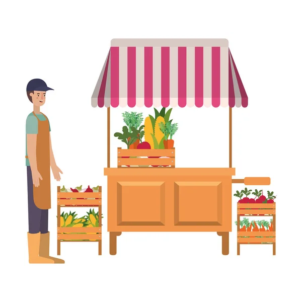 Vegetable seller man with kiosk isolated icon — ストックベクタ