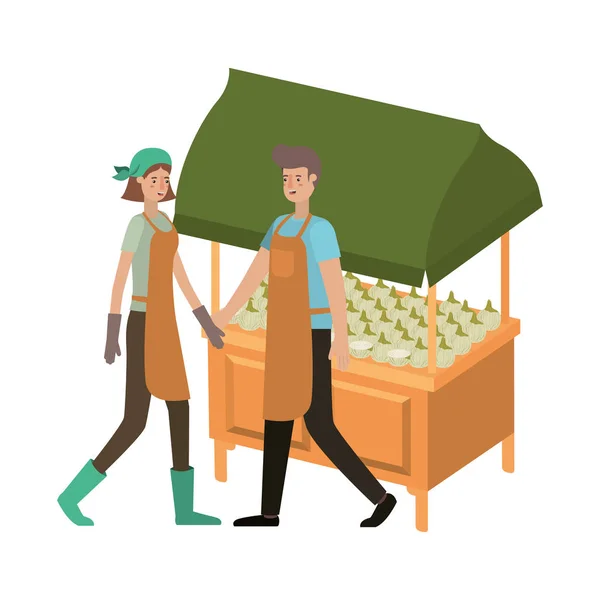 Пара в магазине киоск с овощами персонаж аватара — стоковый вектор