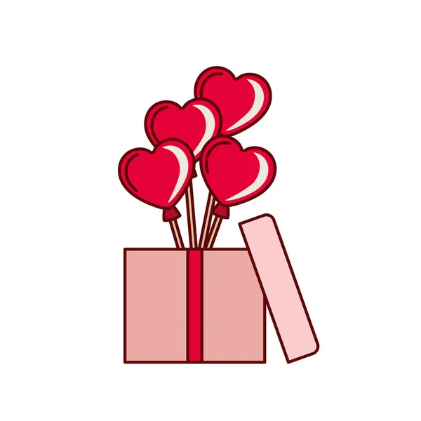 Globos corazones con caja de regalo icono aislado — Archivo Imágenes Vectoriales