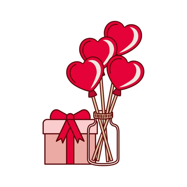 Kalp balonlar ve hediye kutusu simgeleri ile jar — Stok Vektör