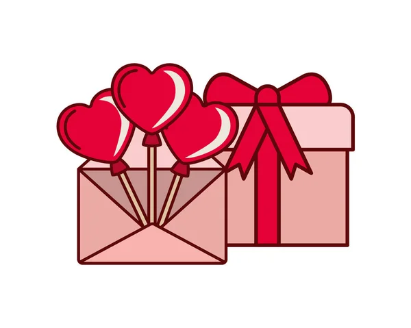 Globos corazón con caja de regalo icono aislado — Vector de stock