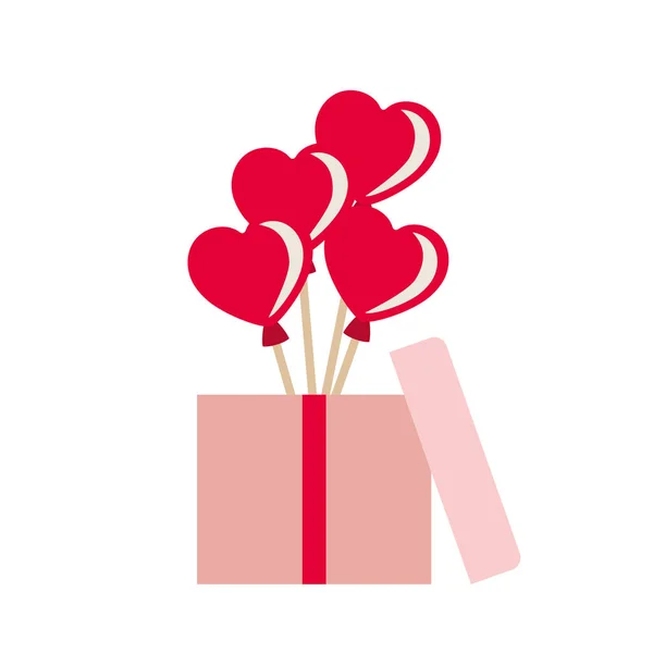 Globos corazones con caja de regalo icono aislado — Vector de stock