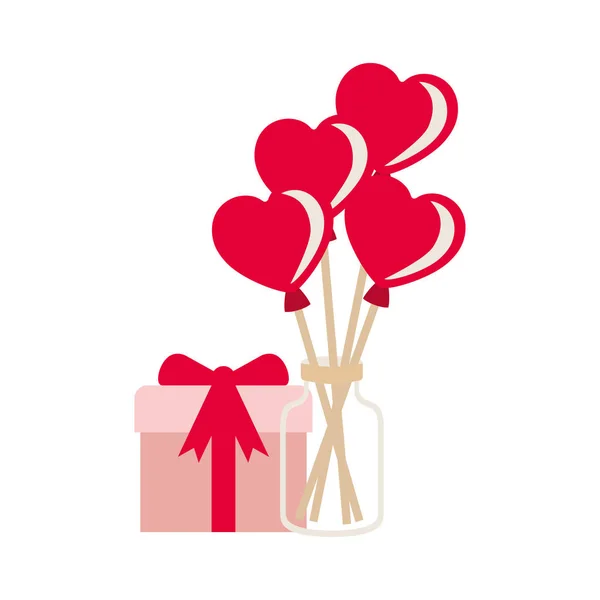 Frasco com balões de corações e ícones de caixa de presente —  Vetores de Stock