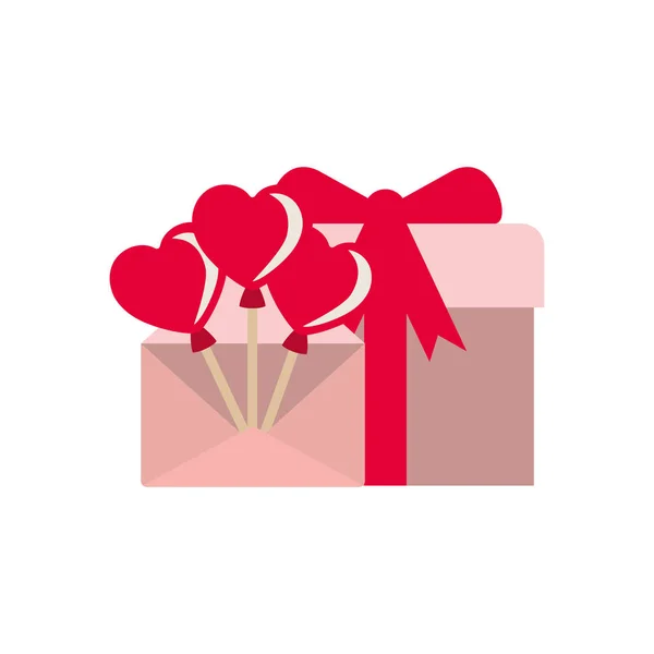 Globos corazón con caja de regalo icono aislado — Vector de stock