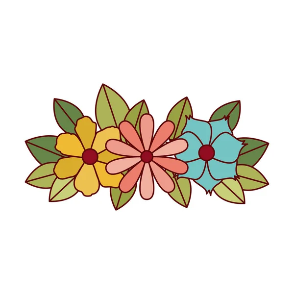 Hermosas flores con hojas icono aislado — Vector de stock