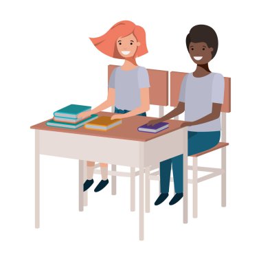 Genç öğrenciler okul masasında oturan