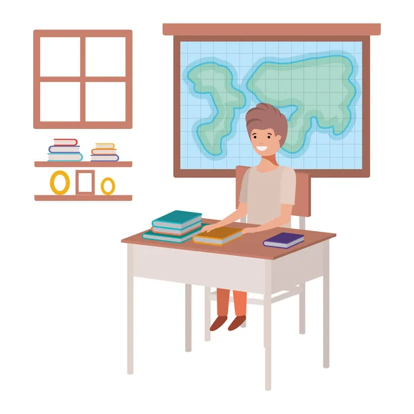 地理学教室に座っている学生少年 — ストックベクタ