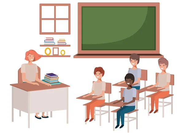 Vrouwelijke leraar in de klas met studenten — Stockvector