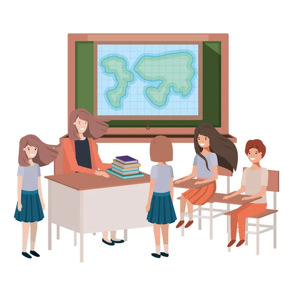 Kadın öğretmen öğrencileri ile Coğrafya sınıfı — Stok Vektör