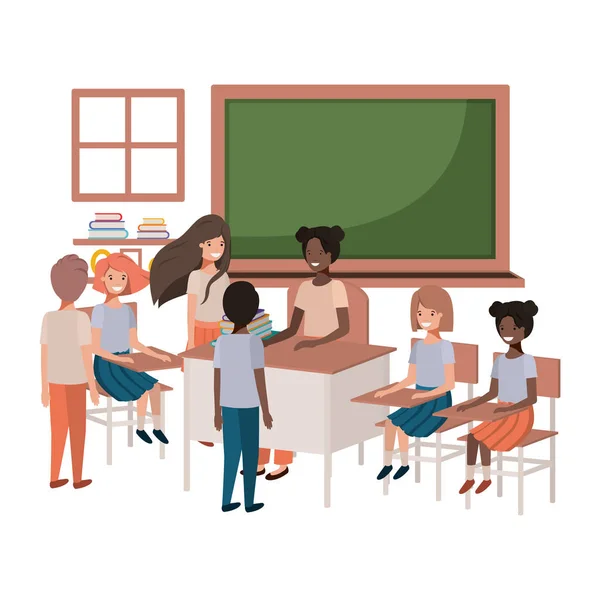 Female teacher black in the classroom with students — Stock Vector