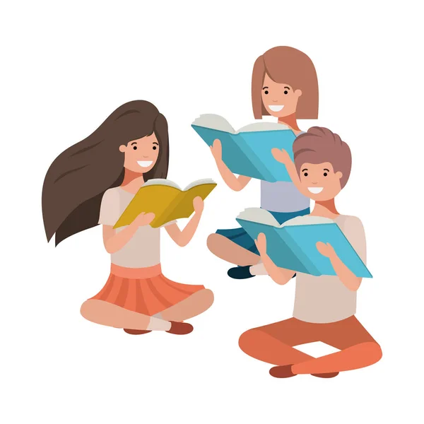 Jóvenes estudiantes sentados leyendo libro — Vector de stock