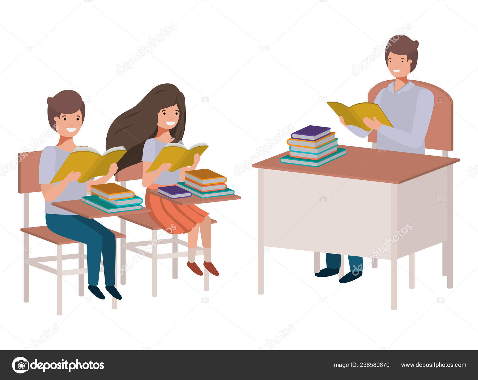 교사는 학생들과 함께 교실에서 읽기 스톡 벡터 - ©grgroupstock 238580870, image size:1600x1273