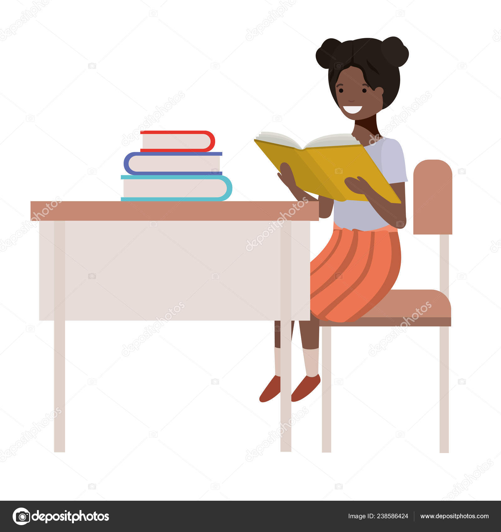 학교 책상에 앉아 젊은 학생 흑인 여자 스톡 벡터 - ©grgroupstock 238586424, image size:1600x1700