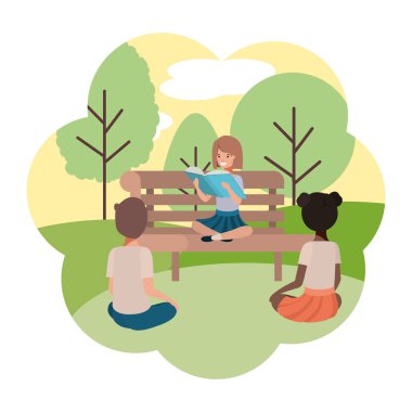 group of people in park chair avatar character