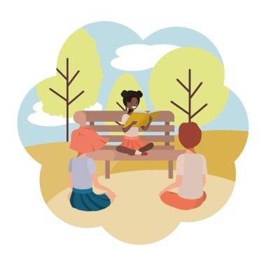 group of people in park chair avatar character