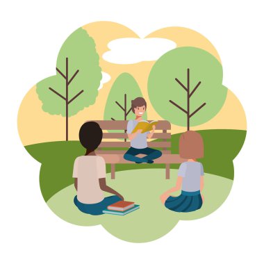 group of people in park chair avatar character