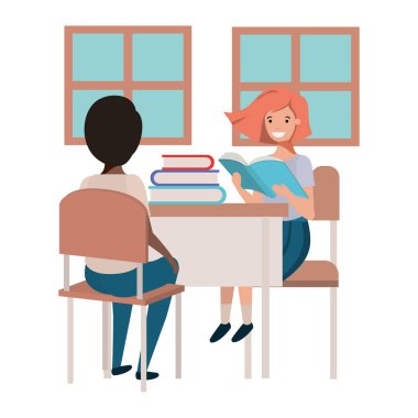 Genç öğrenciler okul masasında oturan