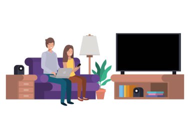 dizüstü bilgisayar ile oturma odasında oturan çift