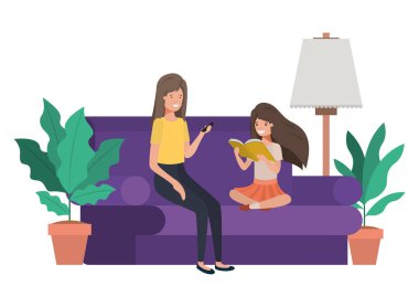 oturma odası avatar karakter çocuklu kadınla